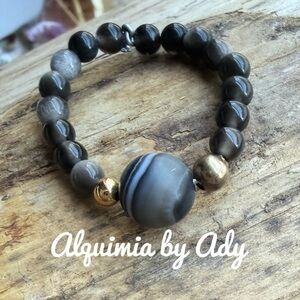 Alquimia Black obsidian jasper and Gold Beaded Ring